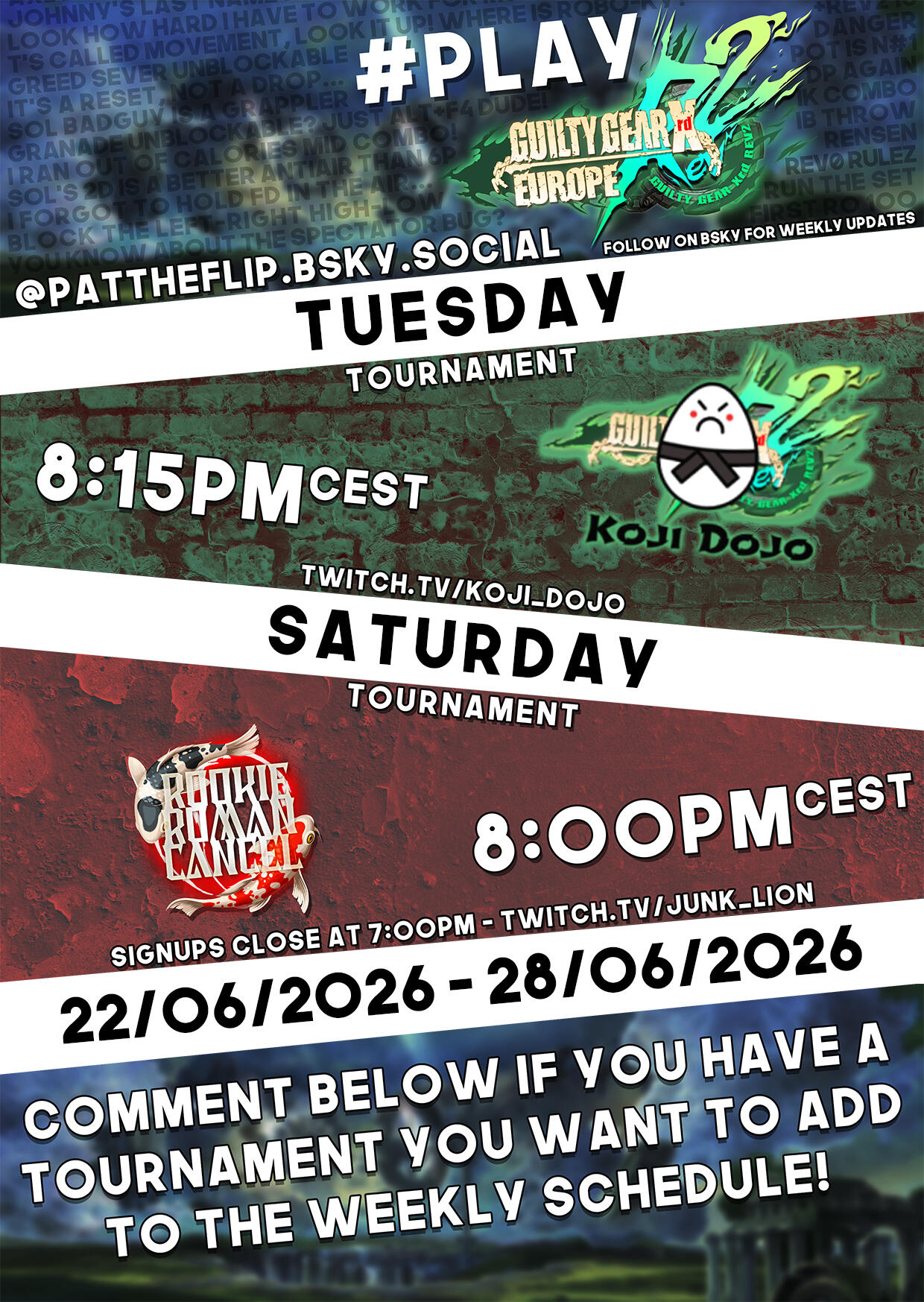 Weekly Guilty Gear Xrd EU netplay event calendar. Weekly Guilty Gear Xrd EU netplay event calendar.