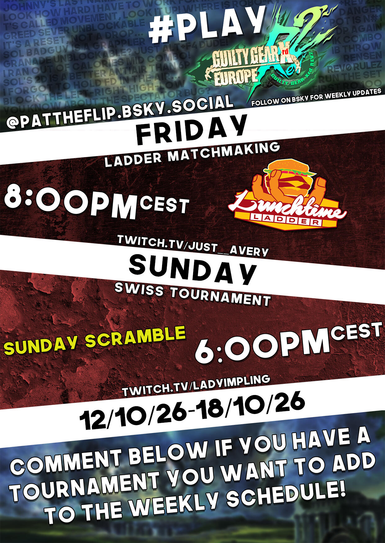 Weekly Guilty Gear Xrd EU netplay event calendar. Weekly Guilty Gear Xrd EU netplay event calendar.