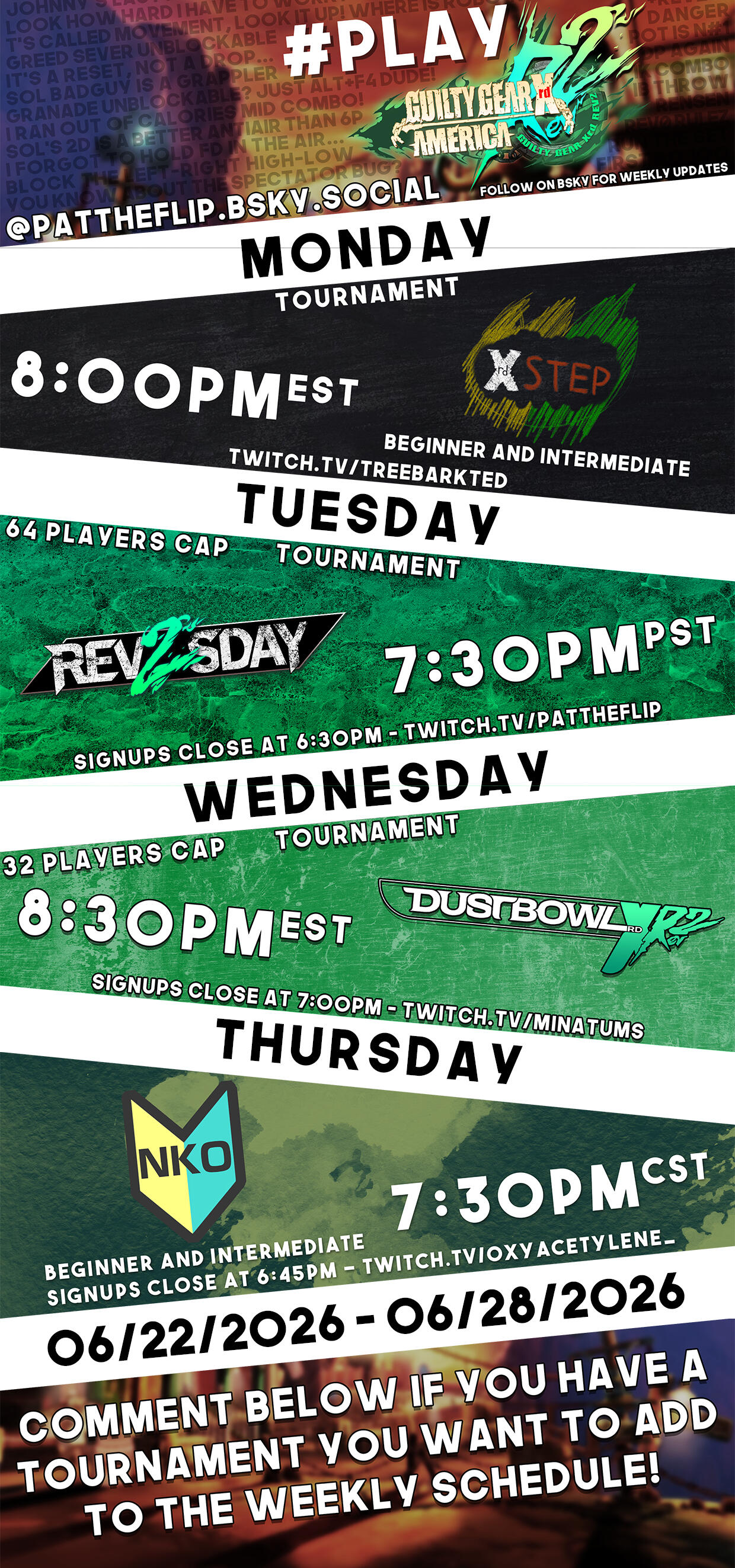 Weekly Guilty Gear Xrd NA netplay event calendar. Weekly Guilty Gear Xrd NA netplay event calendar.