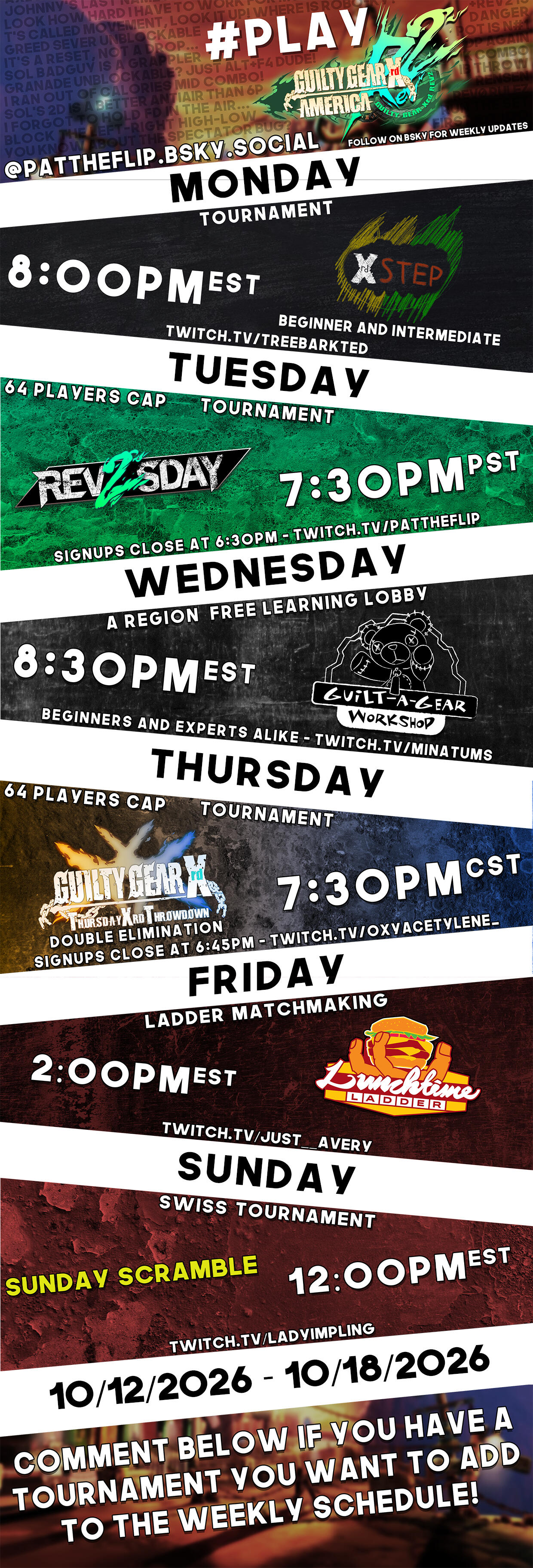 Weekly Guilty Gear Xrd NA netplay event calendar. Weekly Guilty Gear Xrd NA netplay event calendar.