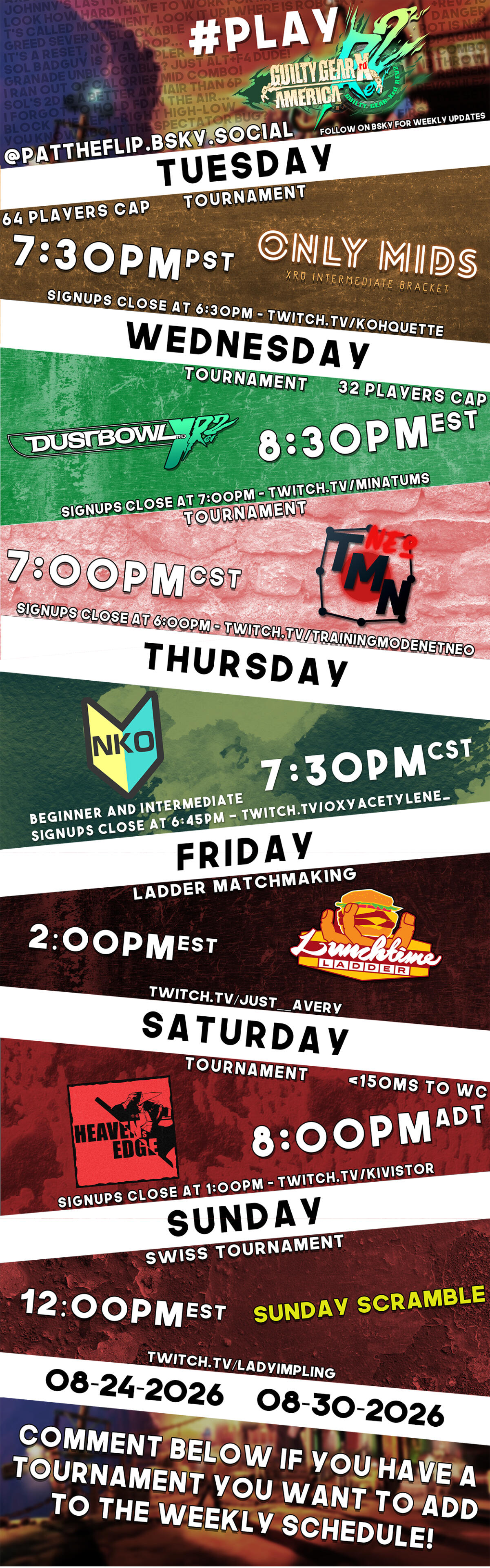 Weekly Guilty Gear Xrd NA netplay event calendar. Weekly Guilty Gear Xrd NA netplay event calendar.