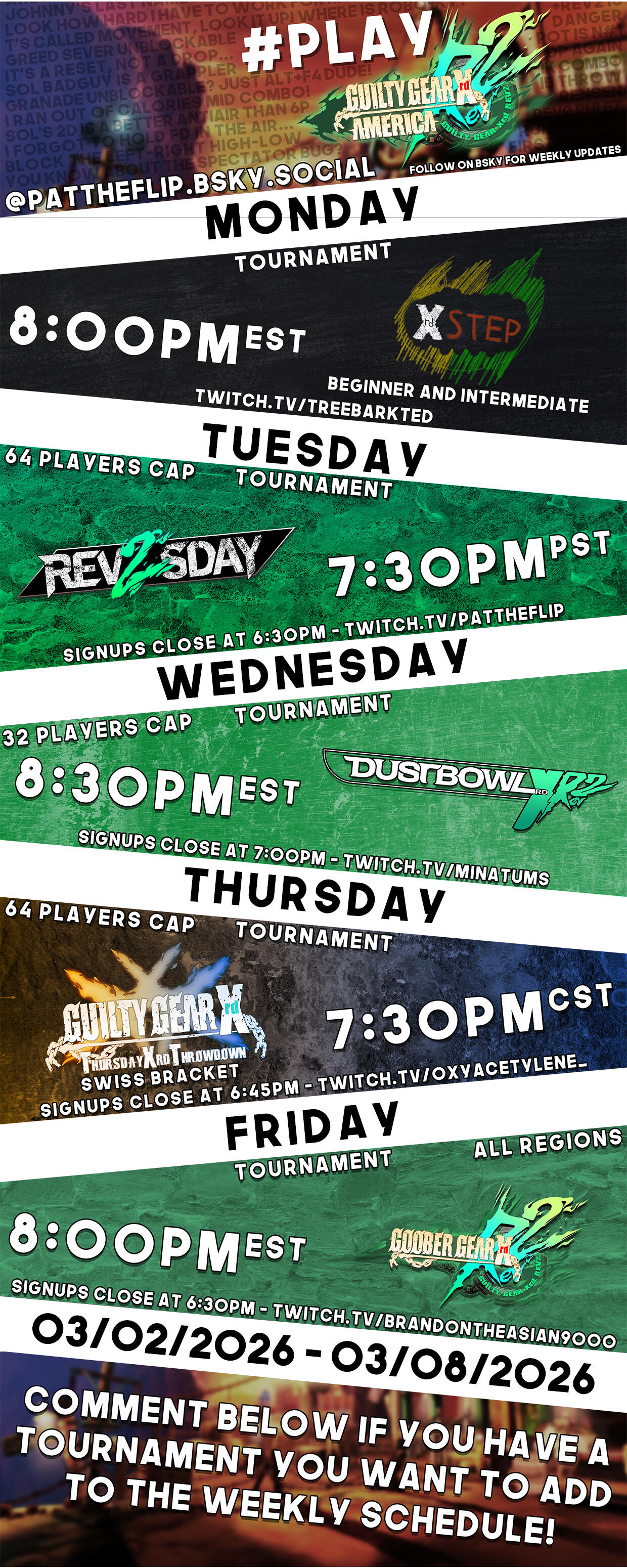 Weekly Guilty Gear Xrd NA netplay event calendar. Weekly Guilty Gear Xrd NA netplay event calendar.