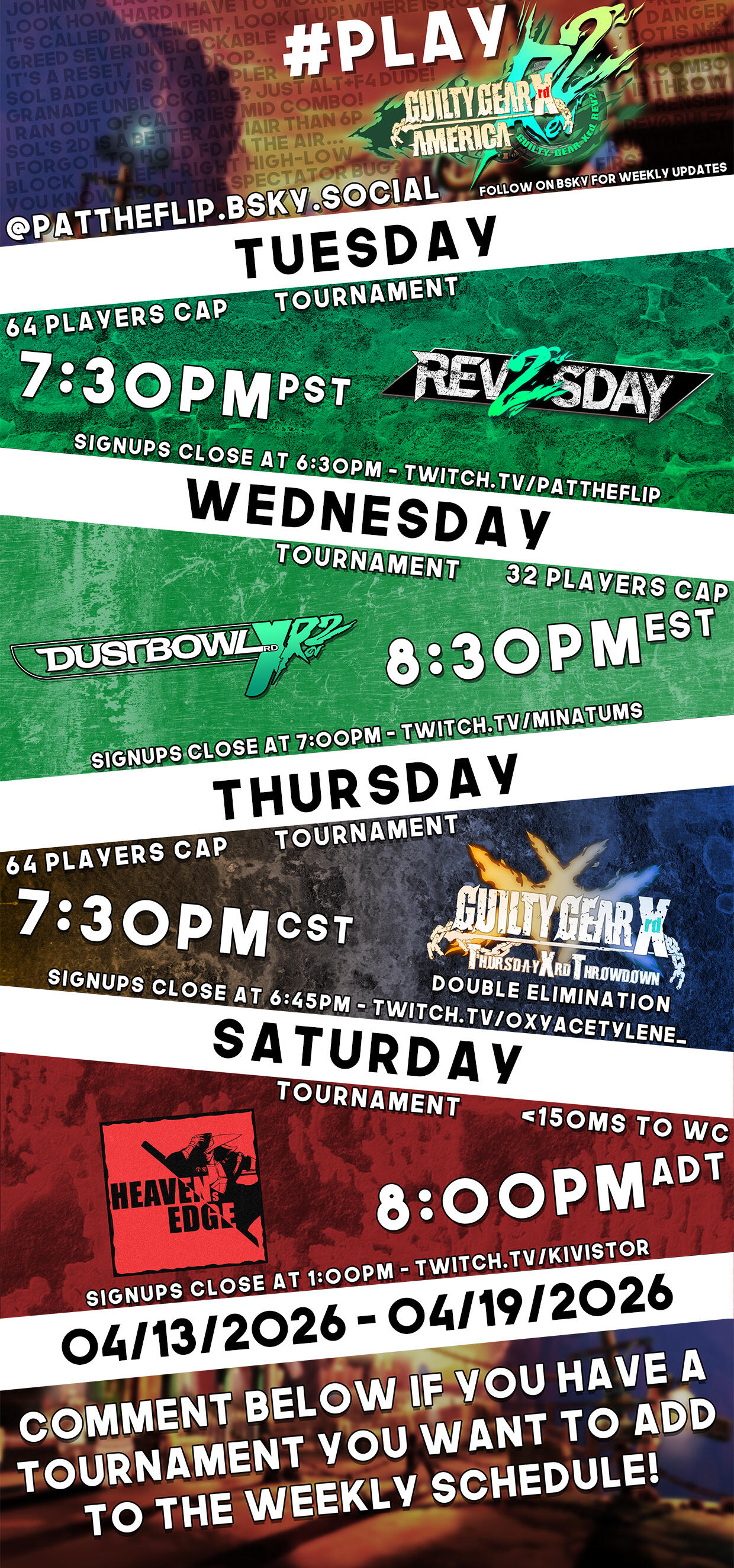 Weekly Guilty Gear Xrd NA netplay event calendar. Weekly Guilty Gear Xrd NA netplay event calendar.